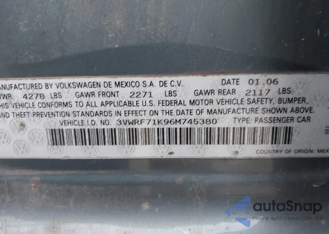 2006 Volkswagen Jetta 2.5 z USA, uszkodzony, nr VIN 3VWRF71K96M745380